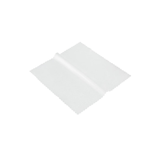 A white RPET lens cloth with a scalloped edge, featuring a smooth surface for cleaning. It has a logo on one side.