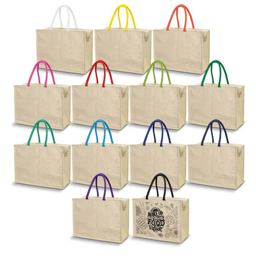 A range of beige cooler bags with colourful handles in various shades, featuring a graphic on one. All have branding.