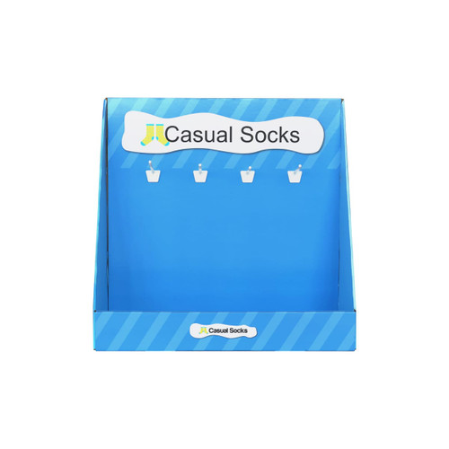 A blue corrugated cardboard display with hooks for casual socks, featuring a logo at the top.