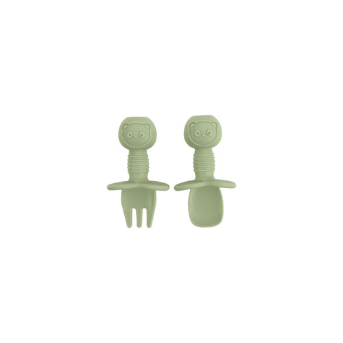 A set of olive green silicone cutlery featuring bear-shaped handles, including a fork and a spoon.