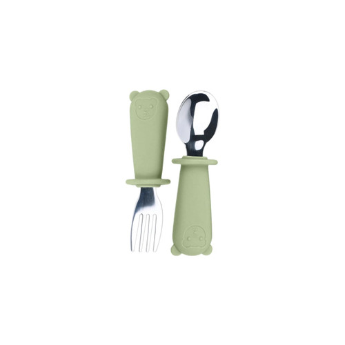 A green silicone and stainless steel kids cutlery set featuring a fork and spoon with bear-shaped handles.