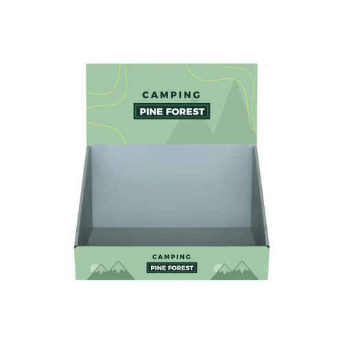 A corrugated cardboard counter display featuring a green design with mountain graphics and a branding logo.