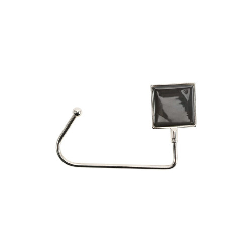 A square desk hook in silver, featuring a glossy black square attachment. It has a curved design with a ball end.