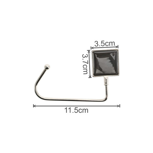 A square black desk hook with a shiny silver metal arm, measuring 11.5 cm in length, 3.5 cm wide, and 3.7 cm tall.