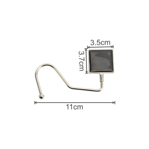 A silver desk hook with a square black head and a curved arm, measuring 11 cm in length.