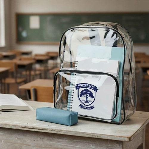 A clear stadium backpack filled with notebooks, a folder, and a pencil case, sitting on a classroom desk.