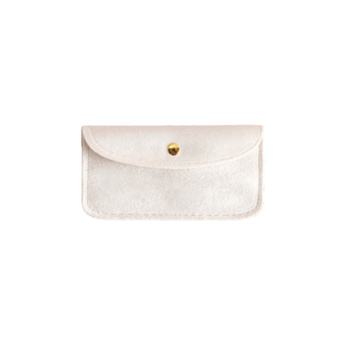 A cream velvet glasses pouch with a flap closure and a gold stud button.