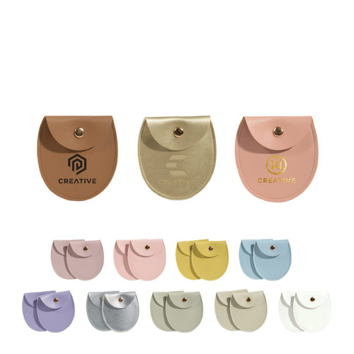 Oval PU leather jewellery pouches in various colours, including pink, purple, gold, and beige, with branding on some.