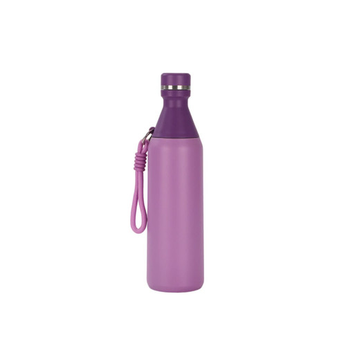 A drink bottle in a sleek purple design, featuring a double wall and a logo. Includes a matching carry strap.