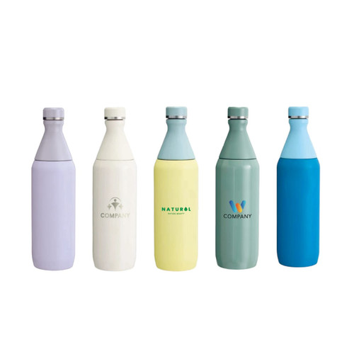 A drink bottle collection featuring five stainless steel bottles in lavender, white, yellow, teal, and blue with logos.