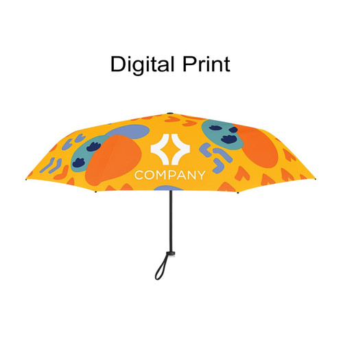 A small umbrella with a vibrant yellow canopy featuring abstract shapes and a logo.