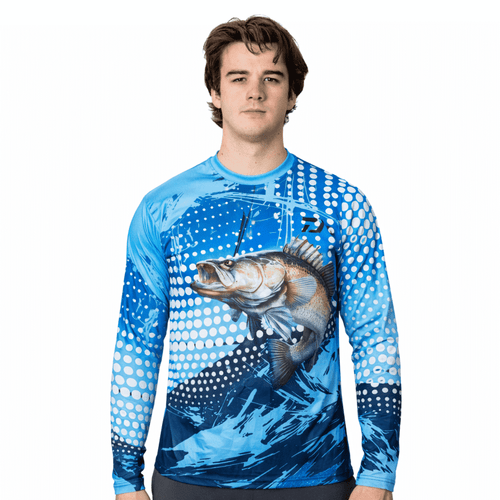 A long-sleeve fishing tee features a vibrant blue design with a fish graphic and a logo on the chest.