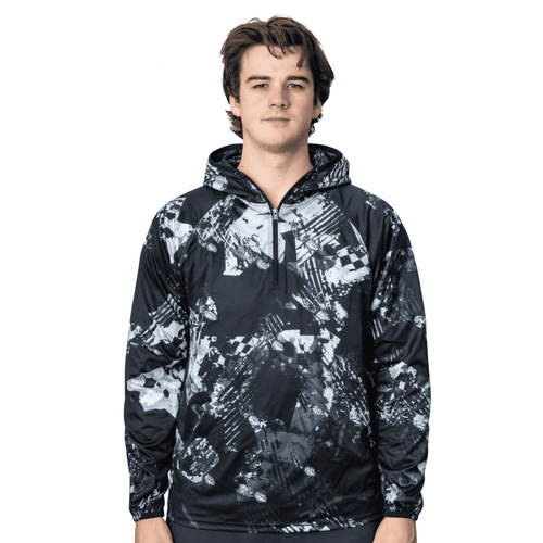 A men's 1/4 zip fishing hoodie in black with a grey abstract pattern, featuring a hood and a logo.