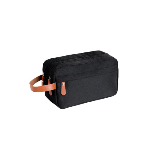 A black toiletry bag with a tan leather handle and zippers, featuring a simple and classic design.