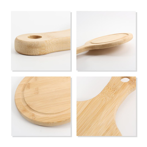 A bamboo wood pizza tray with a smooth surface and a round cutout handle, showcasing natural tones and textures.