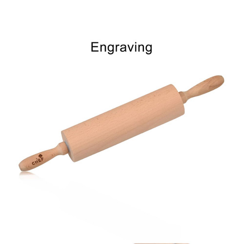 A wooden rolling pin with a light natural finish and engraved handles, showcasing its smooth design.