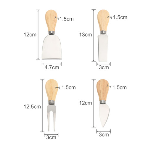 A bamboo cheese board knife set with four stainless steel knives, featuring wooden handles in a natural finish.