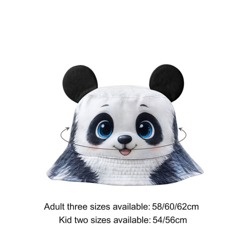 A bucket hat featuring a panda design with animal ears, in black and white, with a logo on the side.