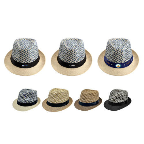 A collection of straw woven top hats in various colours and patterns, featuring different bands and styles.