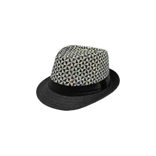 A straw woven top hat in black and white patterns with a black band around the base. Includes a logo.