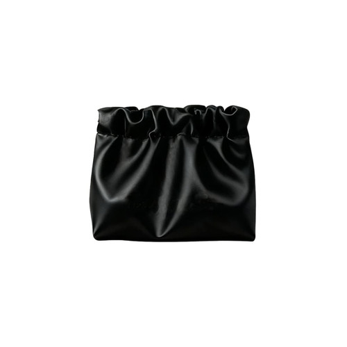A black zipperless portable makeup bag with a gathered top, featuring a smooth, shiny surface. It has a logo on the front.