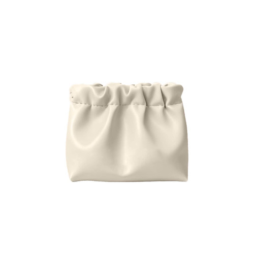 A cream-coloured portable makeup bag with a gathered design. It has a smooth, shiny finish and features a logo.