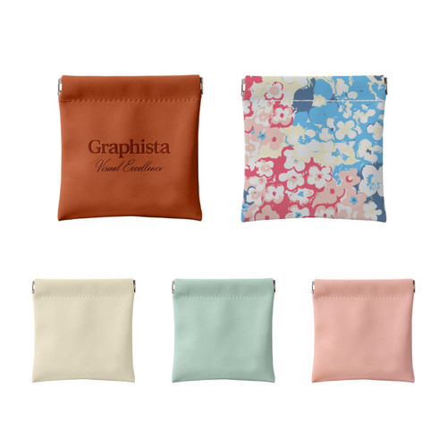 A selection of small pocket cosmetic bags in orange, mint green, cream, and pink with a floral design, featuring a logo.