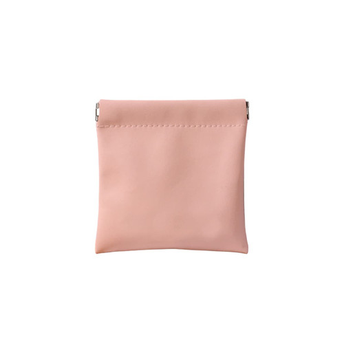 A small, pink cosmetic bag with a smooth finish and a simple silver clasp. Features no visible branding.