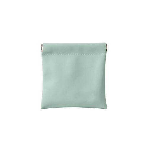 A small pocket cosmetic bag in a soft mint green colour, featuring a smooth surface and a closure at the top.