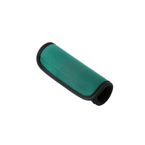 A neoprene luggage grip in green with black edges, designed for enhanced comfort and grip.