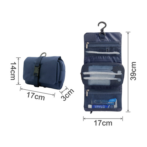 A navy folding travel toiletry bag featuring multiple compartments and a hook for hanging, measuring 39cm by 17cm.
