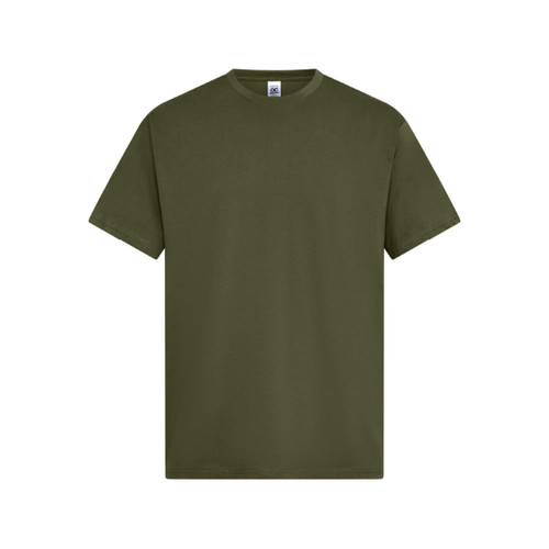 An olive green t-shirt with short sleeves and a round neckline. It features a logo on the label.