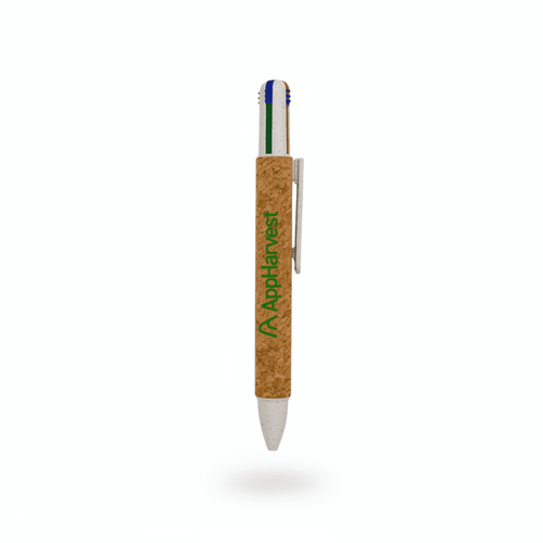 A cork pen featuring four ink colours—blue, green, red, and black—with a metal clip and a logo.