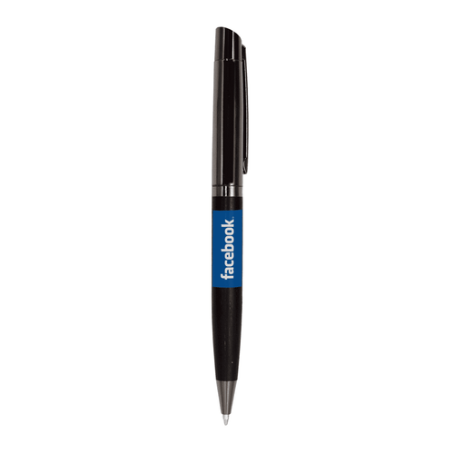 A black ballpoint pen featuring a metal clip and a blue section with a logo.