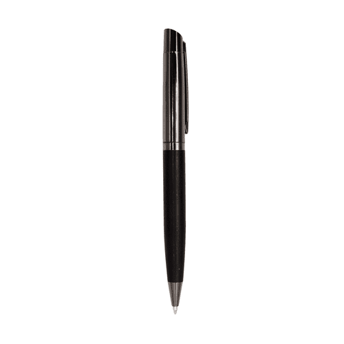 A black wooden and metal ballpoint pen, featuring a sleek design and a shiny clip, with a logo on the barrel.