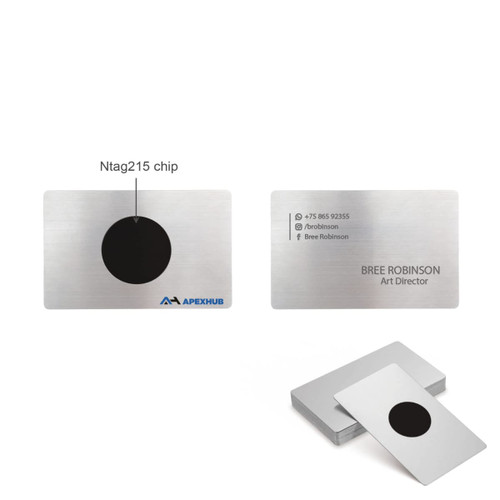 A stainless steel business card featuring a black NFC chip with a logo, showcasing sleek design and modern aesthetics.