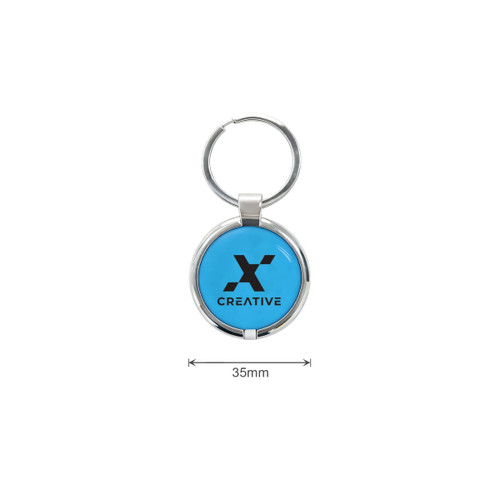 A round blue NFC epoxy tag featuring a metal keyring, displaying a logo and measures 35mm in diameter.