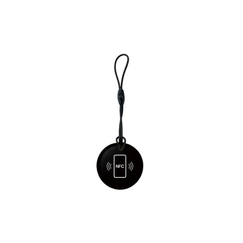 A black round NFC epoxy tag with a strap for attachment, featuring a symbol indicating NFC functionality.