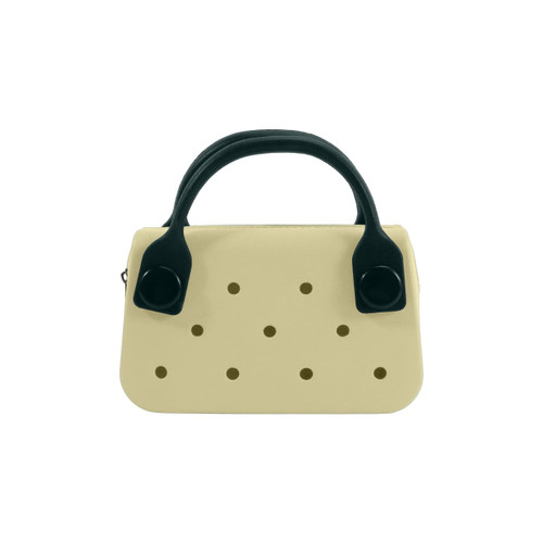 A mini handbag in cream with black handles and ventilation holes. It features a simple, modern design.