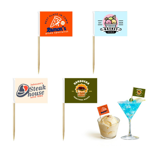 A pack of 100 assorted label stick flags in various colours, featuring different logos and designs.