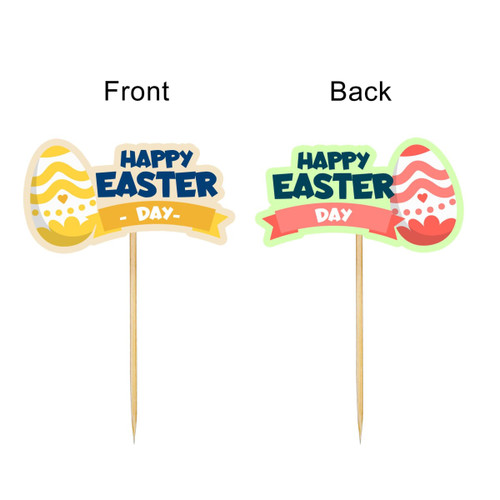 A pack of 100 custom-coated paper toothpicks featuring colourful Easter designs on both sides.