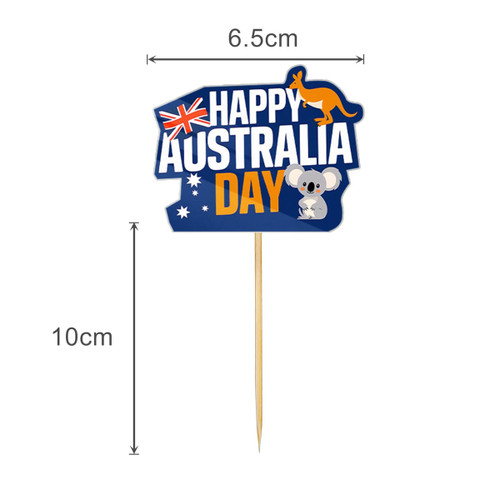A decorative toothpick featuring a blue and yellow design with an Australian flag, a kangaroo, and a koala.