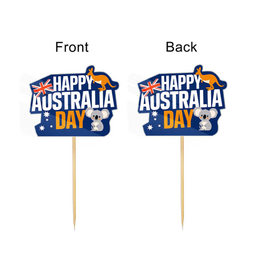 A pack of 100 custom toothpick toppers featuring a blue design with koalas, kangaroos, and "Happy Australia Day" text.