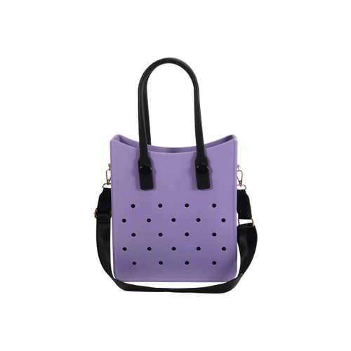 A purple EVA tote bag with black handles and holes for ventilation, featuring an adjustable black shoulder strap.