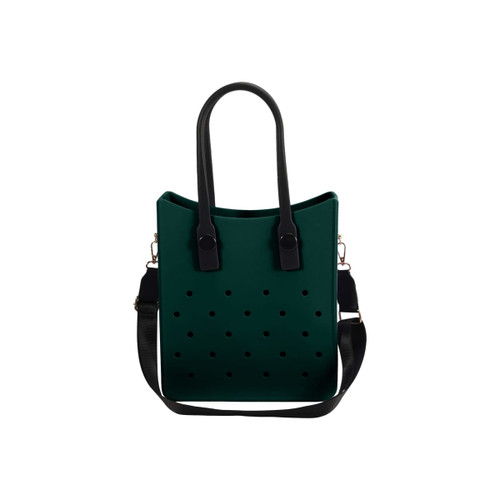 A green EVA tote bag with black handles and a removable strap, featuring holes for ventilation.