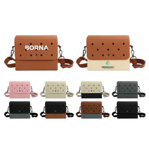 A range of EVA Holes Briefcases in brown, pink, cream, black, and grey, each with a logo and perforated design.