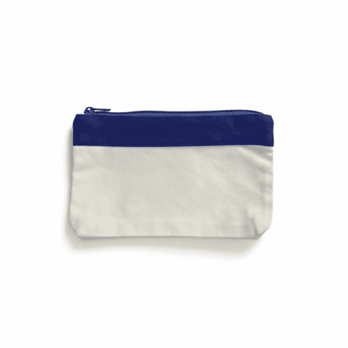 A canvas pencil case in blue and cream with a zippered closure and a logo on the front.