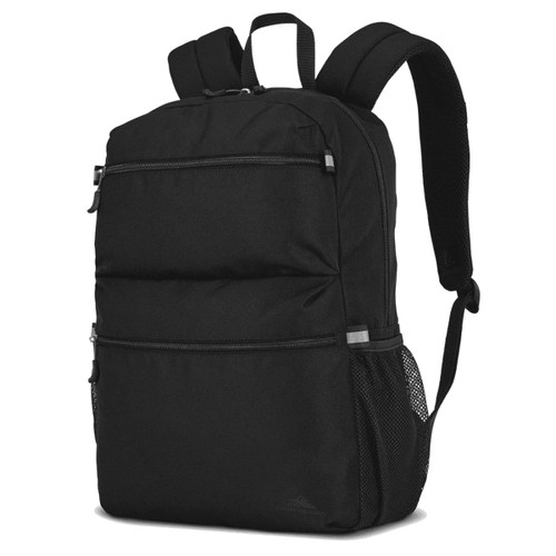 A black backpack with multiple compartments, featuring adjustable straps and a side mesh pocket. It has a logo on it.
