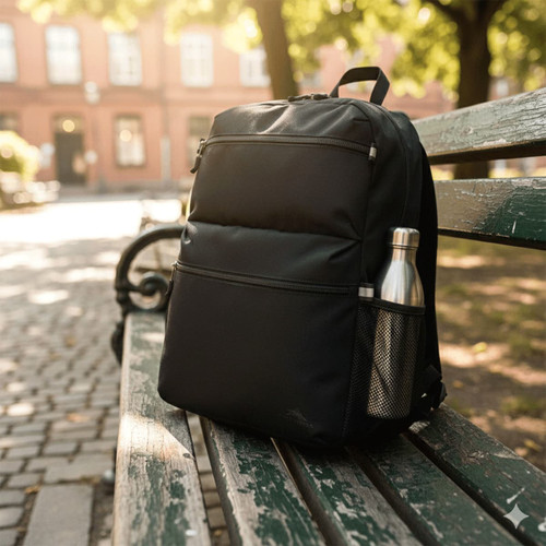 A black backpack sits on a bench, featuring a side pocket with a silver drink bottle.