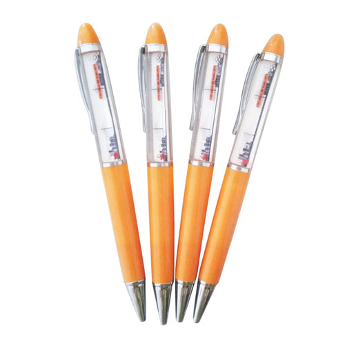 Four orange pens with transparent grips and silver tips, featuring a logo.